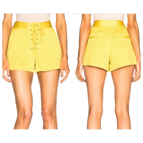 Veronica Beard sz 0 Lulu Shorts Yellow Linen Mini Shorts Back Zip Lace Up Front - Picture 1 of 7